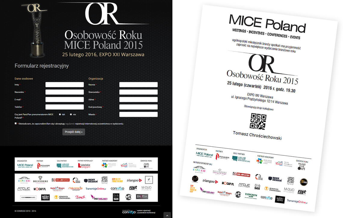 Zrzut ekranu systemu rejestracji przygotowanego na potrzeby Gali Osobowość Roku 2015 MICE Poland oraz wejściówka w formacie PDF przeznaczona do identyfikacji uczestnika podczas recepcji